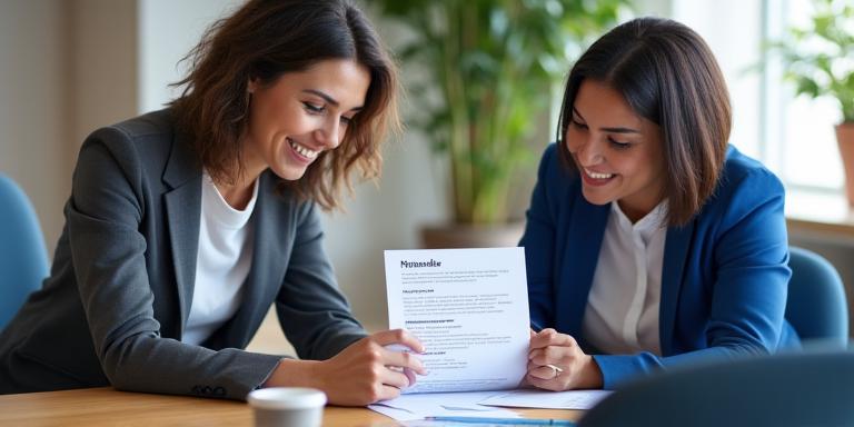 A career coach reviewing a resume with a textile professional during a coaching session