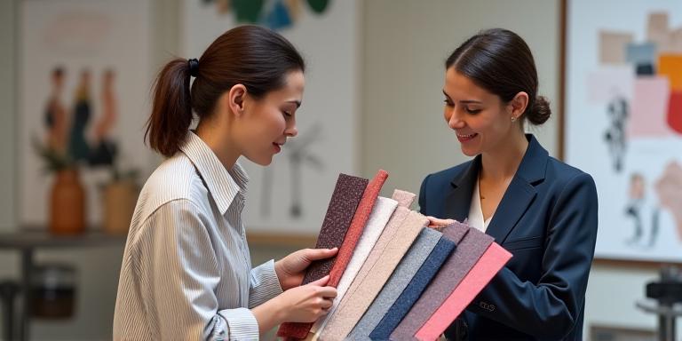 A designer showing fabric swatches to a client during a textile design consultation