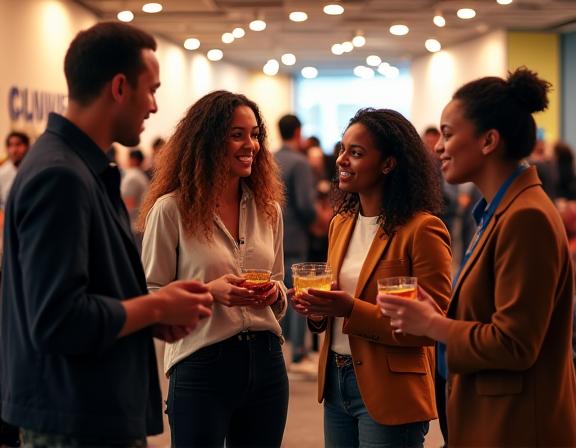 A group of diverse professionals talking and networking at a WeaveWorks event