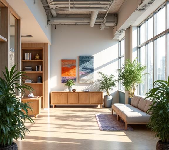 Bright, modern office interior of WeaveWorks with textile samples on the walls in Toronto